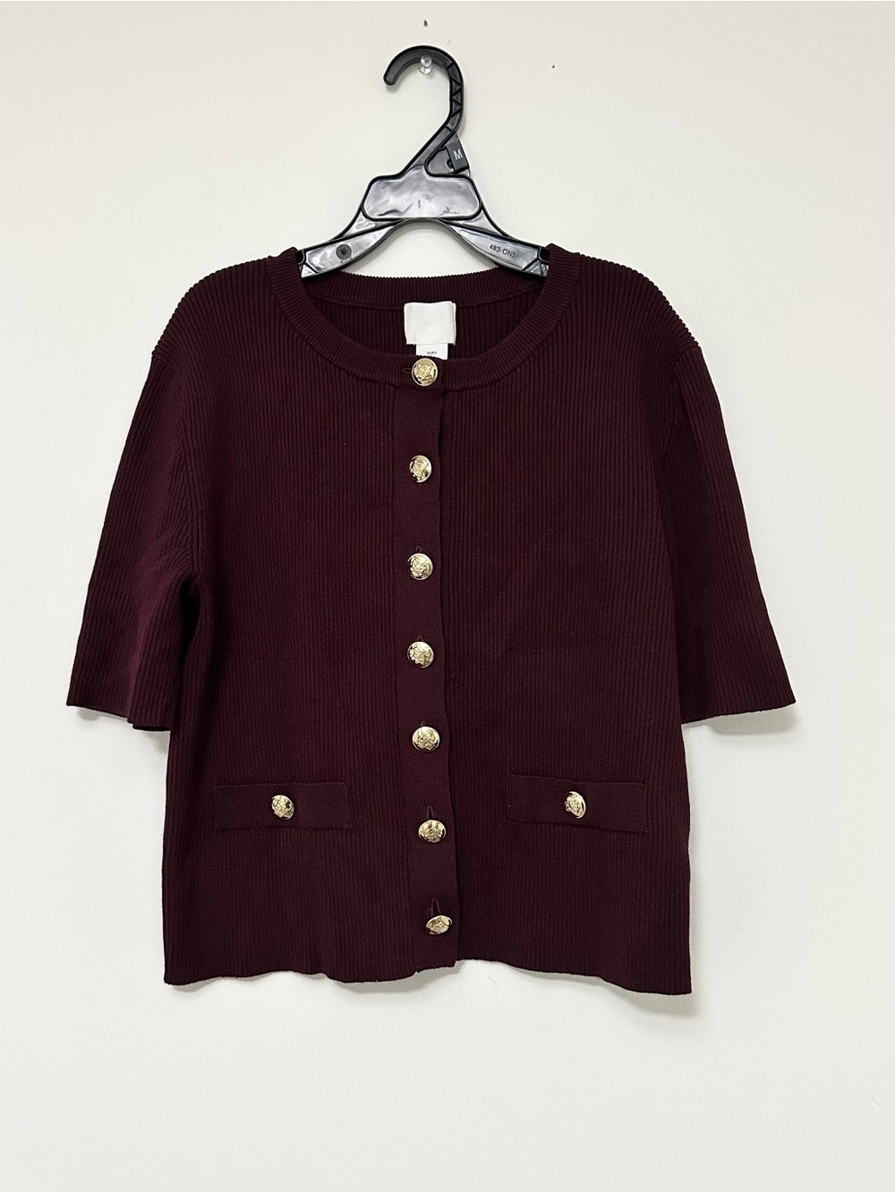 H&M Burgundy Short Sleeved Ribbed Cardigan with Gold tone Buttons Women's Small
